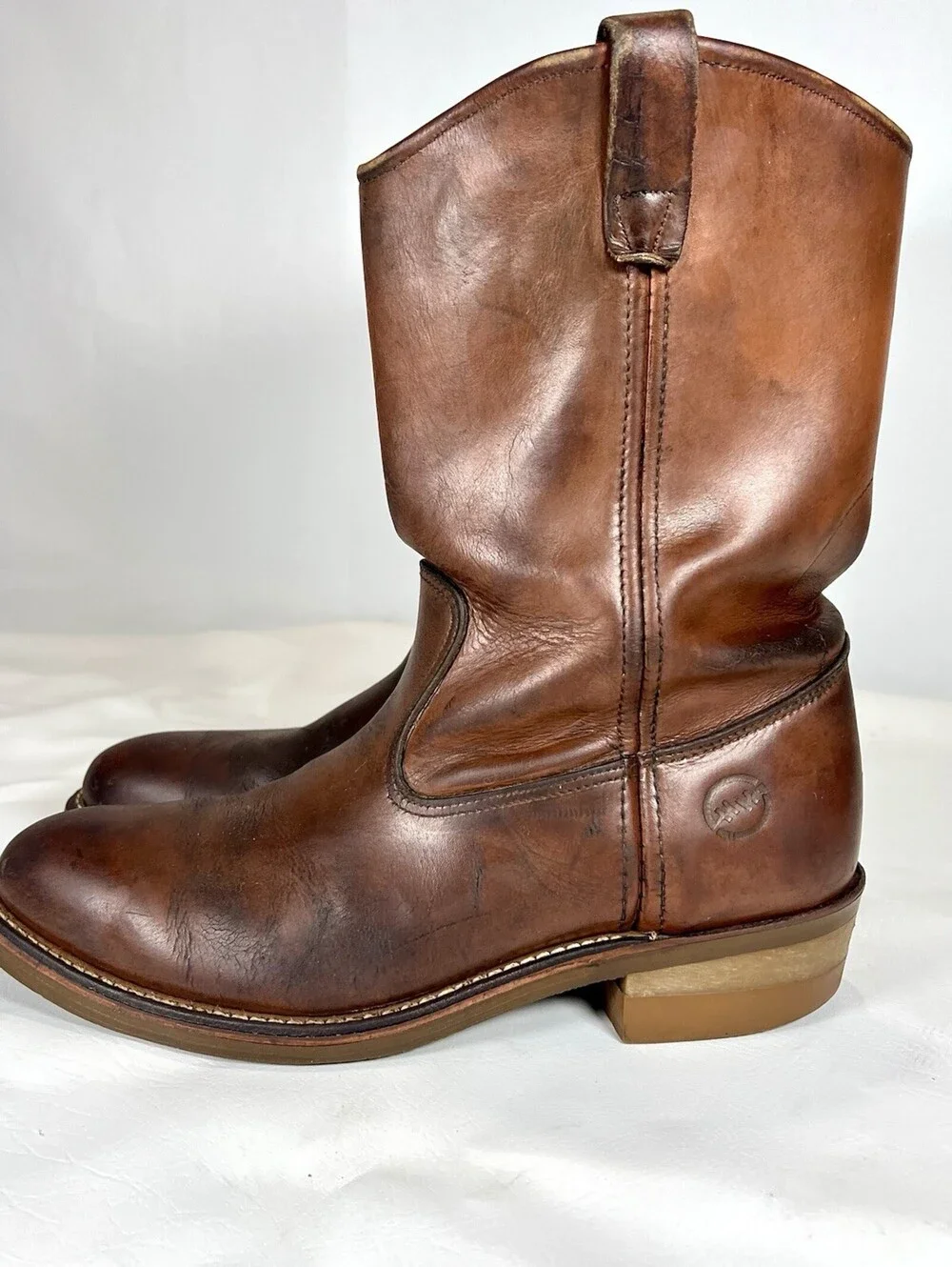 Vintage Double H Mens 9 D Brown Leather Pull On Western Work Boots USA Resoled